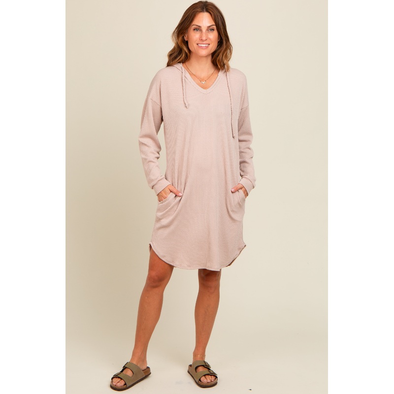 Beige Ribbed Hoodie Dress