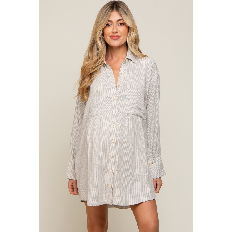 Beige Striped Button Down Maternity Shirt Dress