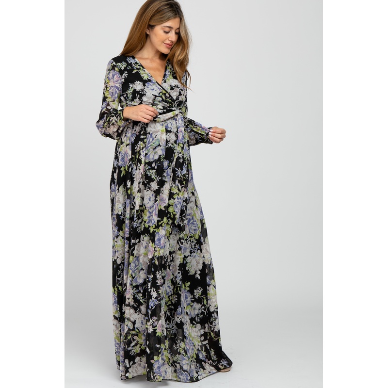 Black Floral Chiffon Maternity Maxi Dress