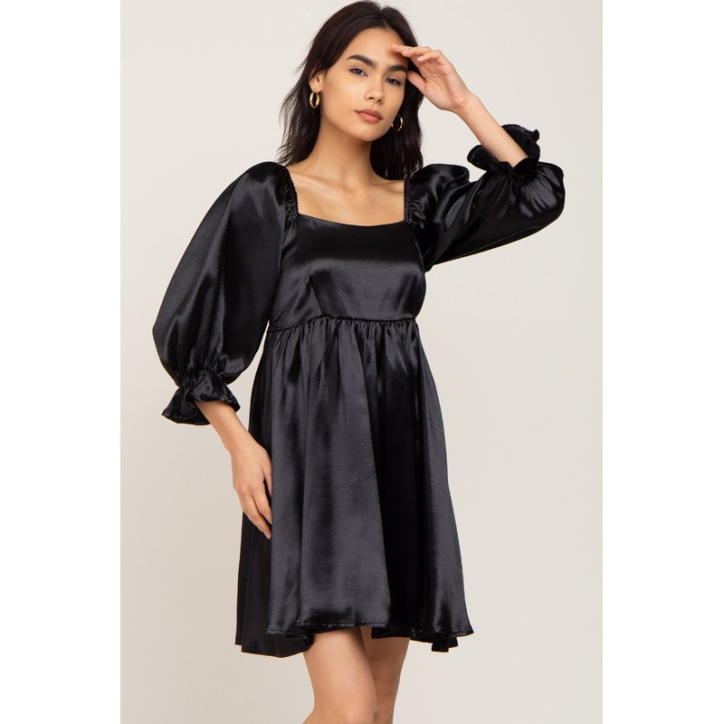 Black Satin Square Neck Babydoll Mini Dress