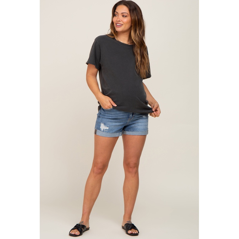 Medium Wash Cuffed Maternity Denim Shorts
