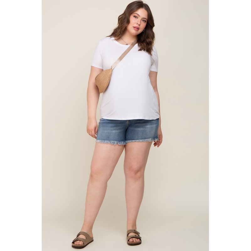 Medium Wash Frayed Hem Plus Maternity Shorts