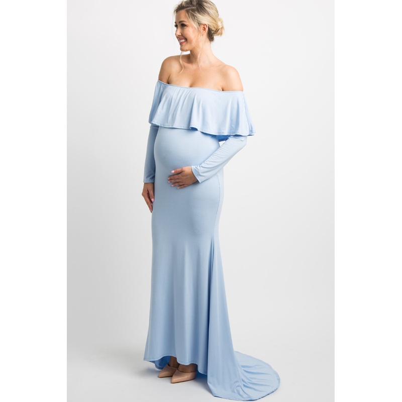 PinkBlush Light Blue Off Shoulder Ruffle Maternity Photoshoot Gown/Dress