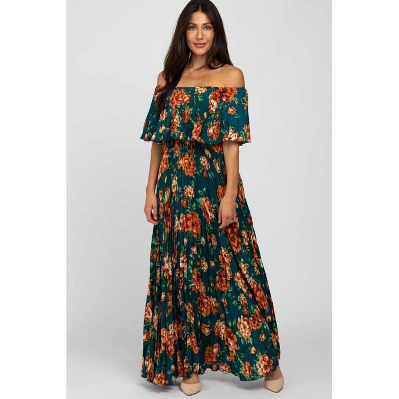Teal Pleated Floral Off Shoulder Dress