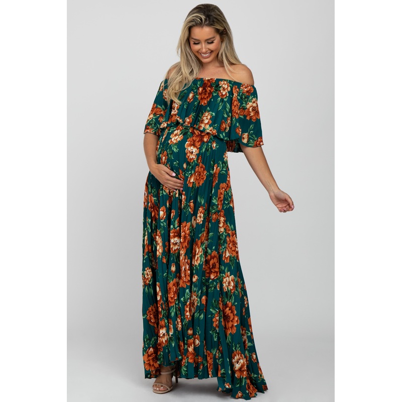Teal Pleated Floral Off Shoulder Maternity Dress