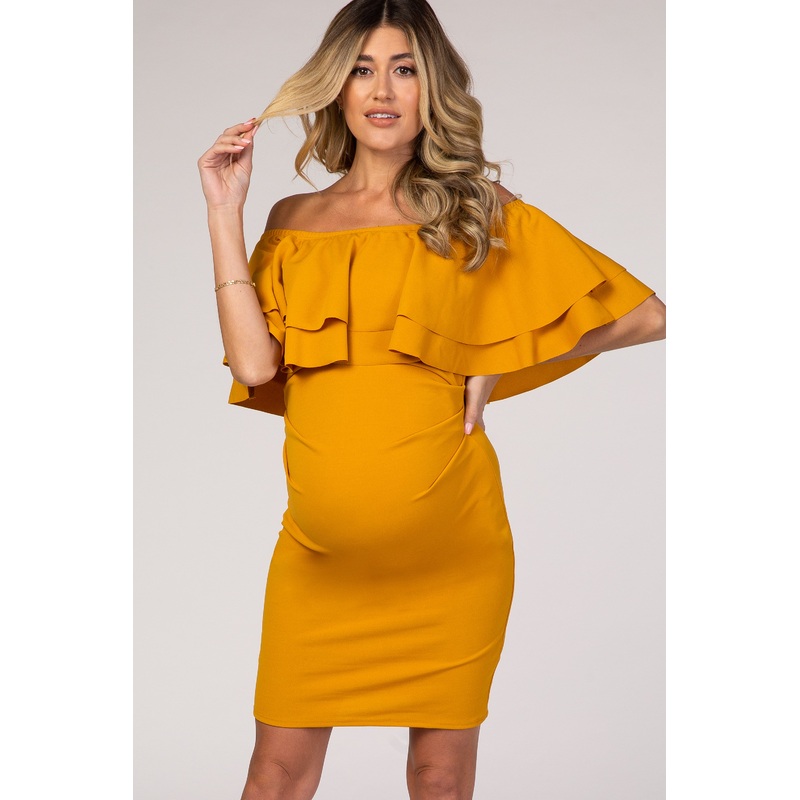 Yellow Double Layer Ruffle Off Shoulder Maternity Dress