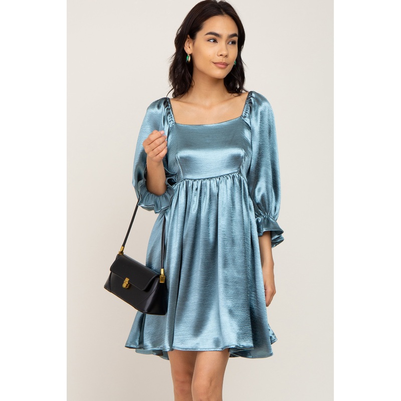 Aqua Satin Square Neck Babydoll Mini Dress