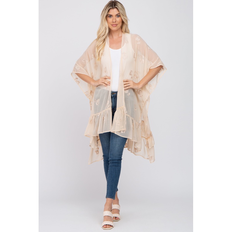 Beige Chiffon Floral Embroidered Ruffle Cover-Up
