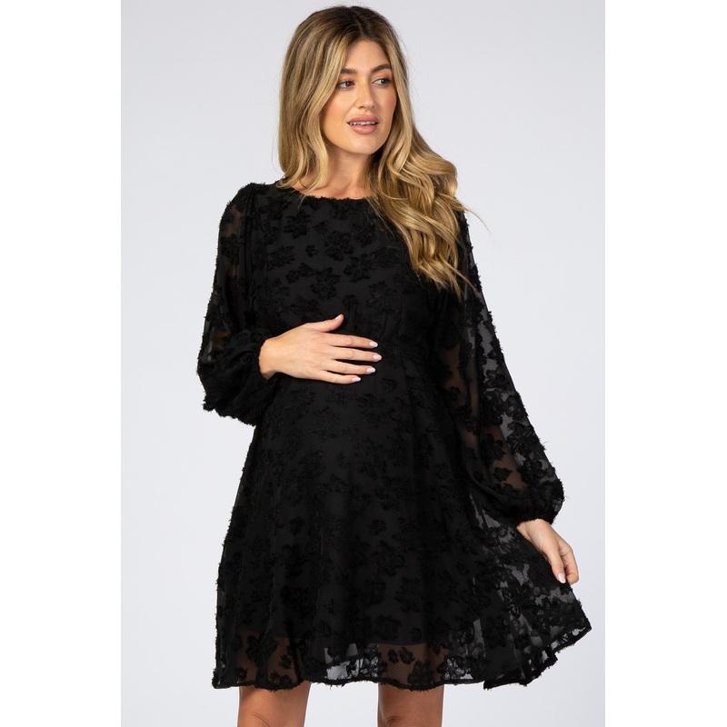 Black Chiffon Flocked Floral Maternity Dress