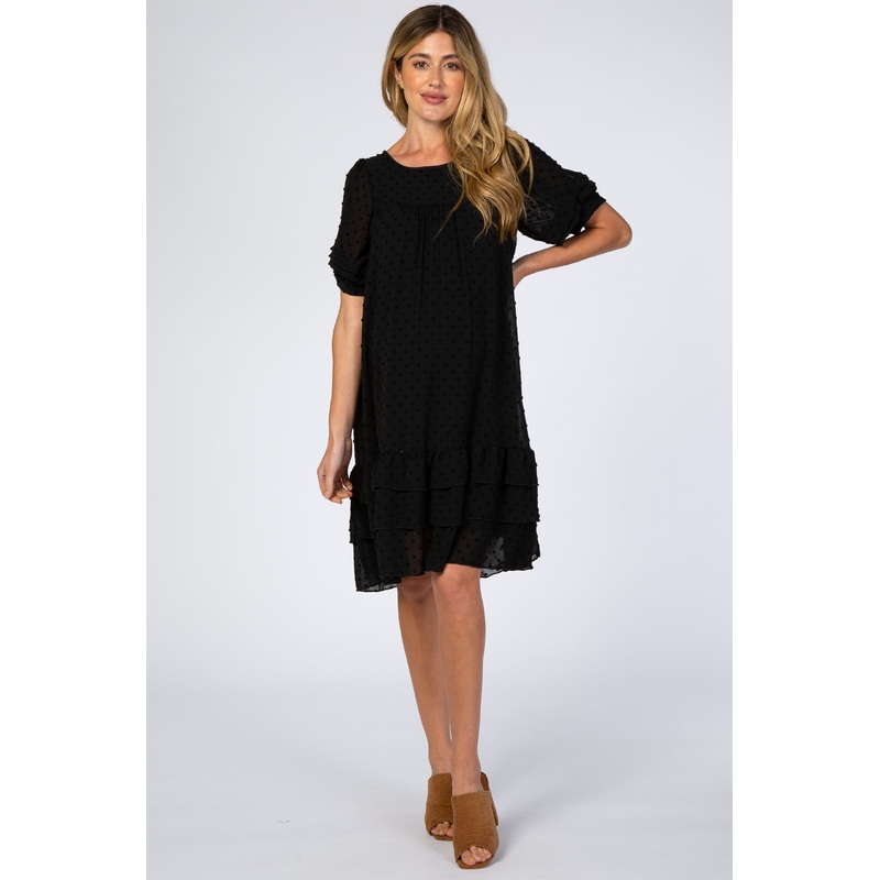 Black Chiffon Swiss Dot Ruffle Hem Maternity Midi Dress