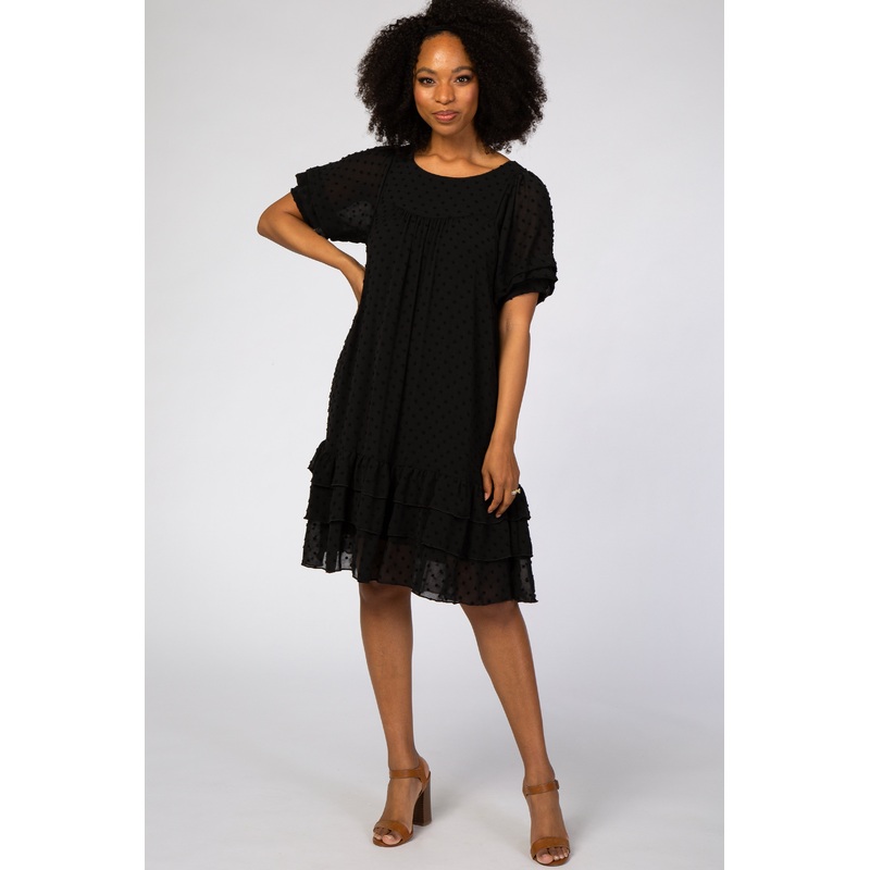 Black Chiffon Swiss Dot Ruffle Hem Midi Dress