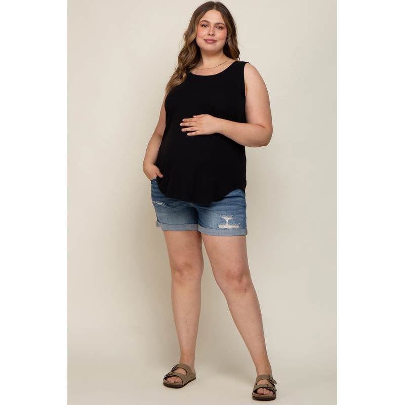 Blue Rolled Cuff Distressed Maternity Plus Jean Shorts