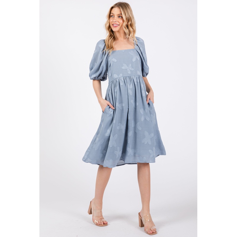 Blue Textured Floral Square Neck Puff Sleeve Dress