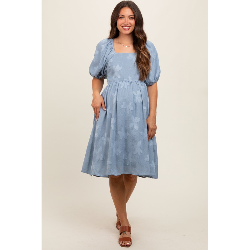 Blue Textured Floral Square Neck Puff Sleeve Maternity Dress