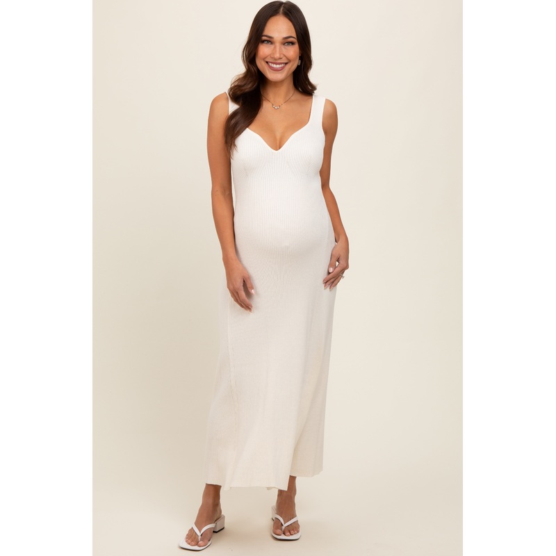 Cream Knit Deep V-Neck Maternity Maxi Dress