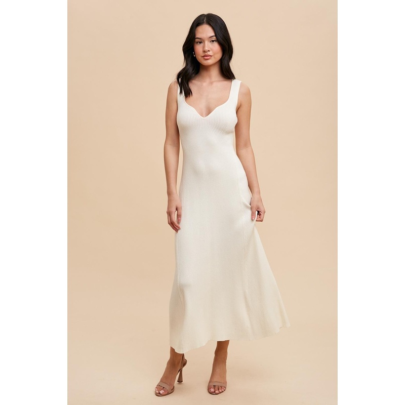 Cream Knit Deep V-Neck Maxi Dress