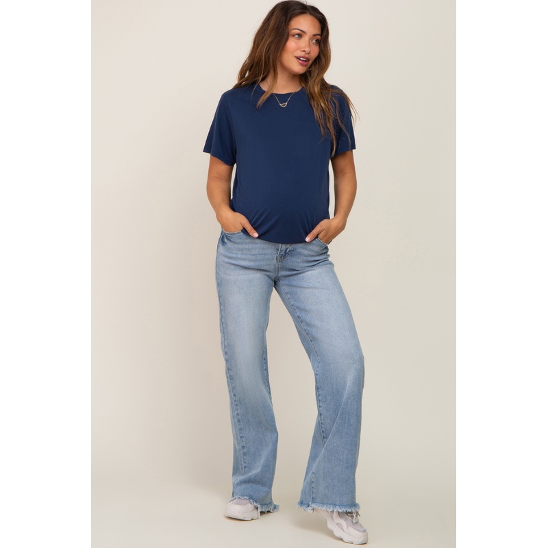 Light Blue Fringe Hem Maternity Wide Leg Jeans