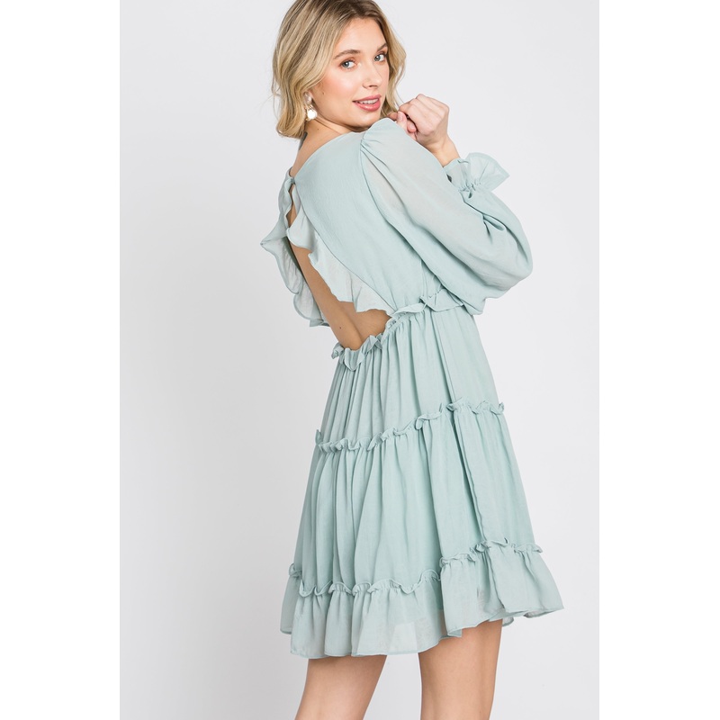 Mint Green Chiffon Ruffle Tiered Open Back Dress