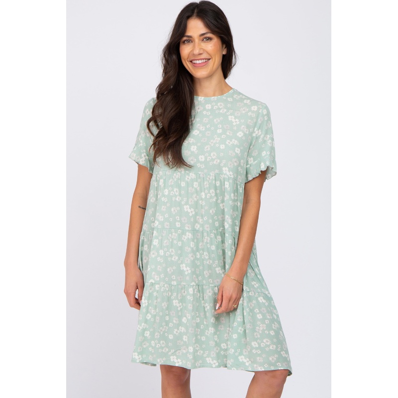Mint Green Floral Tiered Ruffle Sleeve Dress