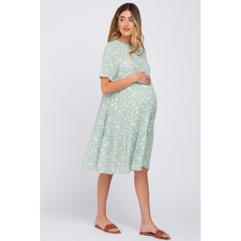 Mint Green Floral Tiered Ruffle Sleeve Maternity Dress
