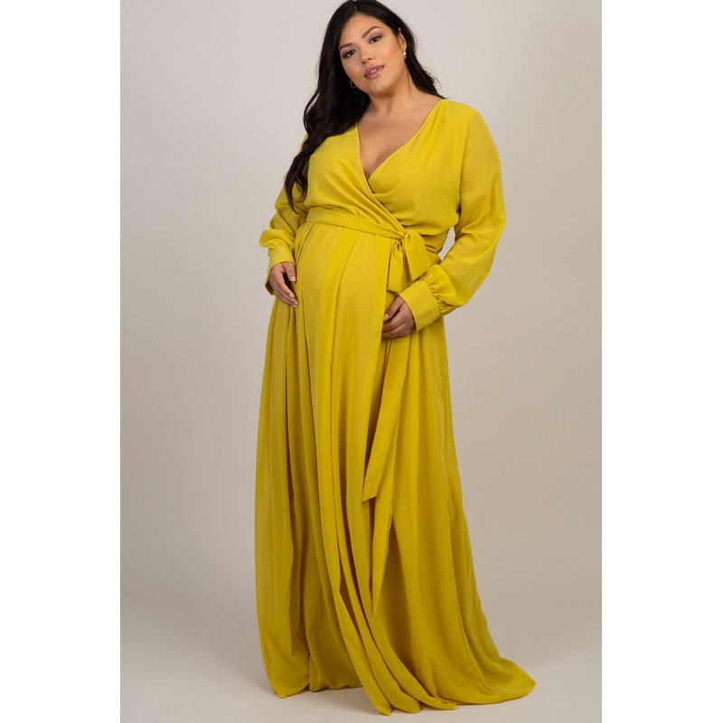 Yellow Chiffon Long Sleeve Plus Maternity Maxi Dress