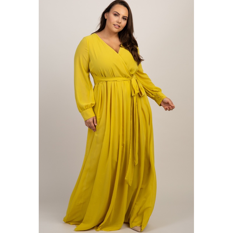 Yellow Chiffon Long Sleeve Plus Maxi Dress