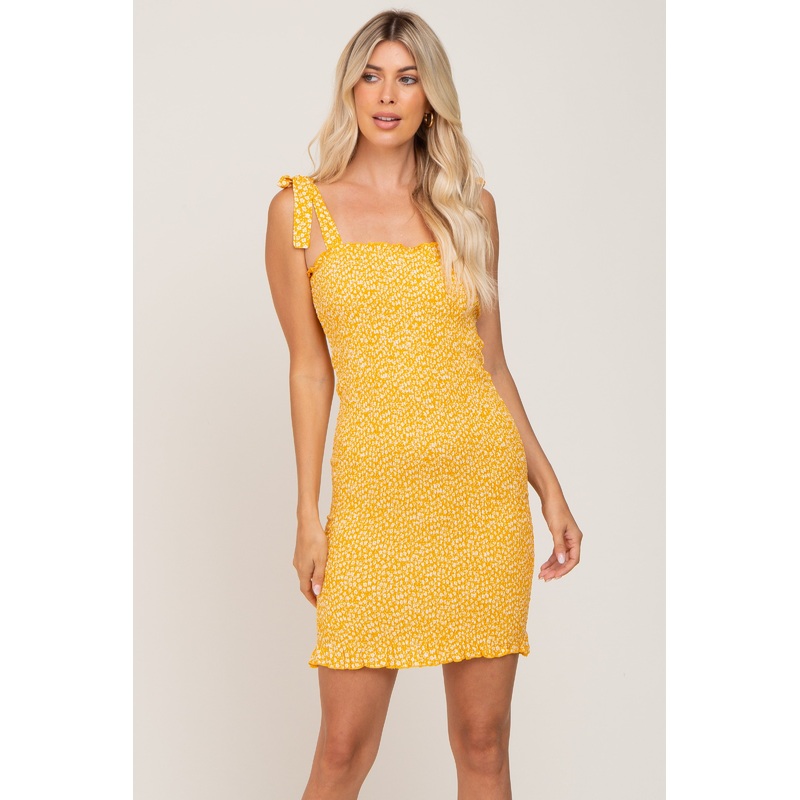 Yellow Floral Smocked Square Neck Tied Strap Dress