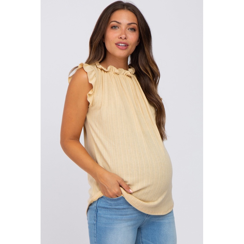 Yellow Ruffle Mock Neck Maternity Top